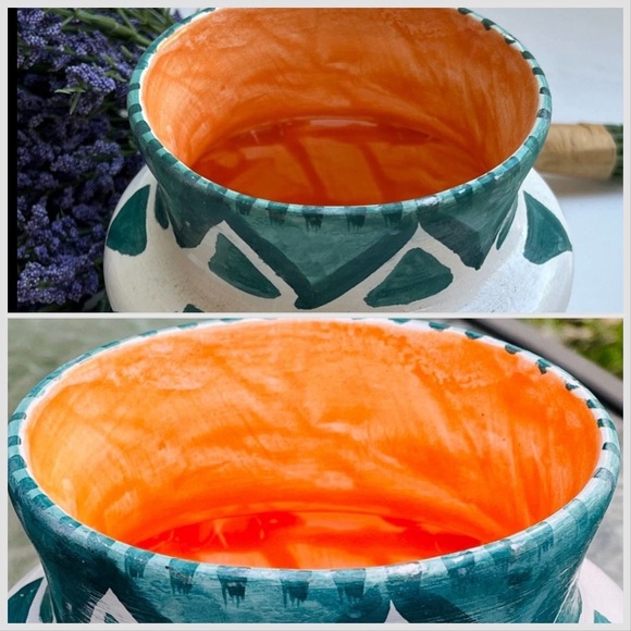 Teal and White Pottery Vase with Geometric Pattern - Picture 11 of 12